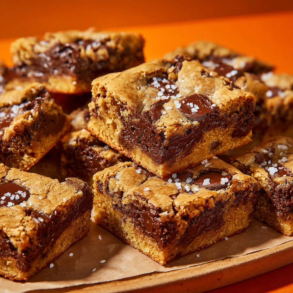 Salted chocolate chunk cookie bars stacked closely, showcasing their chewy texture and generous chocolate chunks.