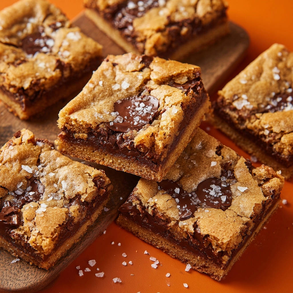Salted chocolate chunk cookie bars stacked in a close-up view, showcasing the gooey chocolate interior and flaky sea salt topping.