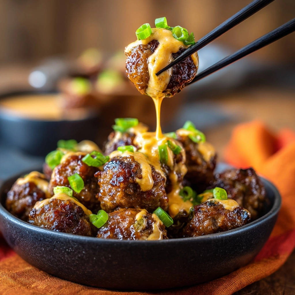 Savory glazed meatballs with a cheese drip being lifted with chopsticks and garnished with green onions.