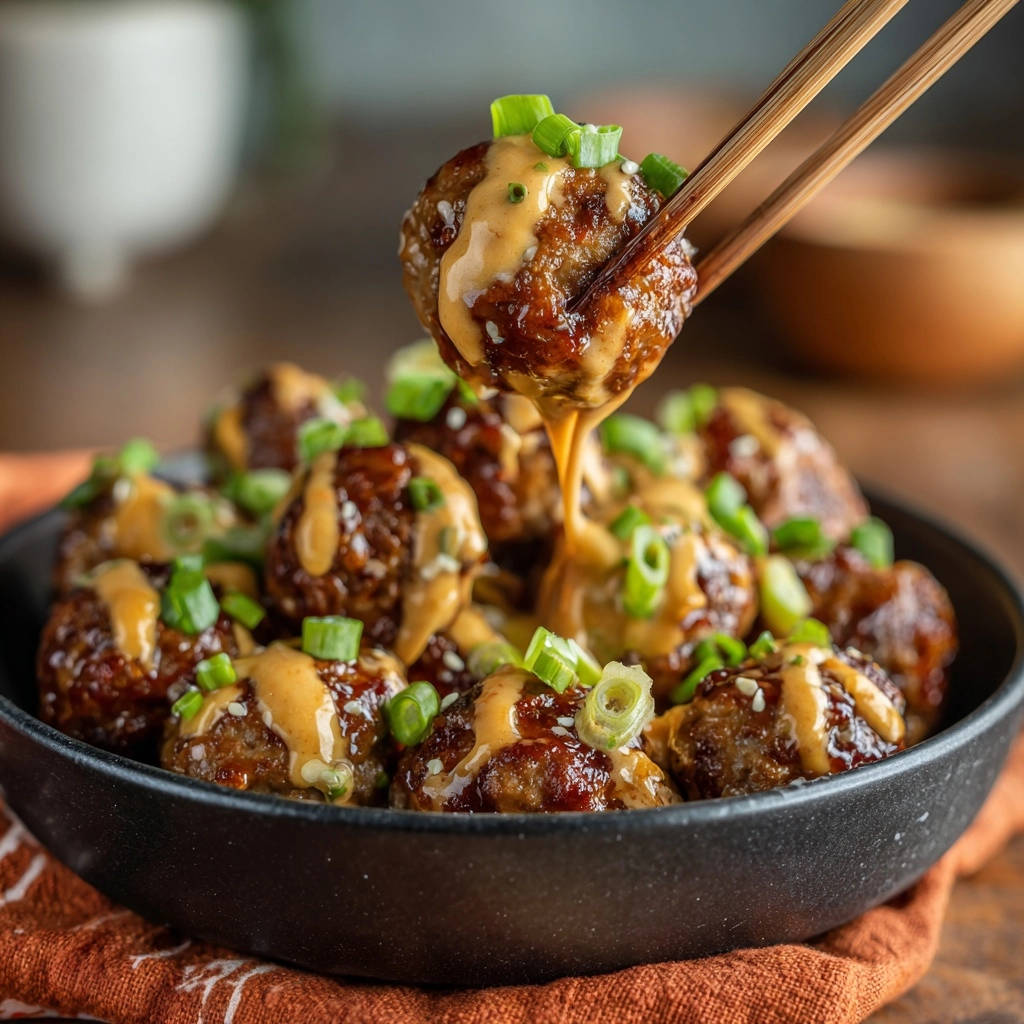 Savory glazed meatballs being lifted with chopsticks, with a creamy sauce drizzled over them.