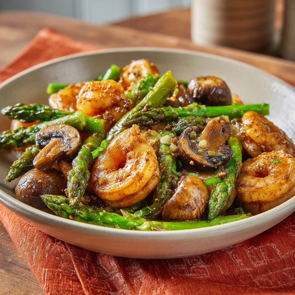 Perfectly seared shrimp and asparagus skillet shown in a close-up view within a rustic bowl.