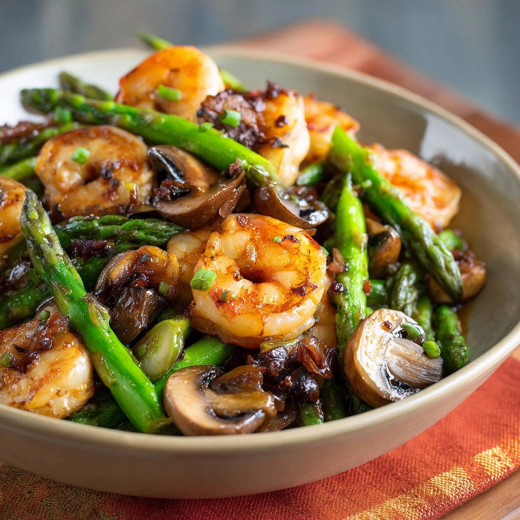 Perfectly seared shrimp and asparagus skillet in a bowl, showcasing the tender ingredients and glossy glaze.
