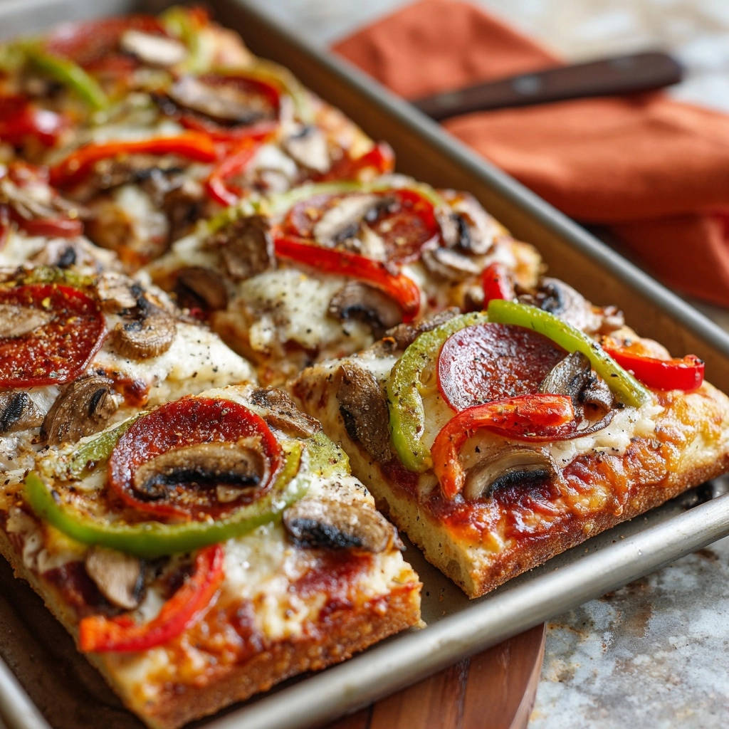 Sheet pan pepperoni pizza sliced and served on a baking sheet, showcasing melted cheese and toppings.