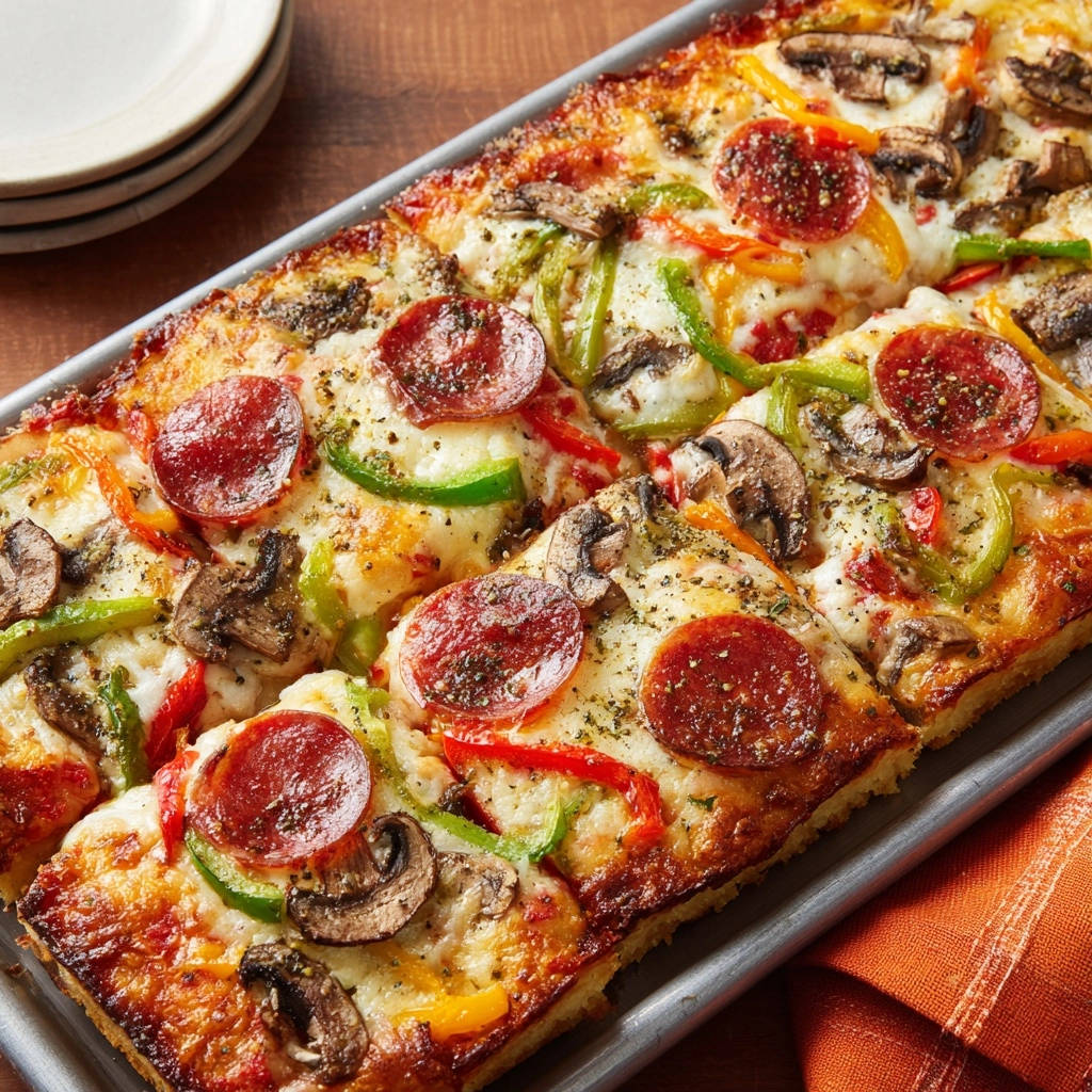 Sheet pan pepperoni pizza sliced overhead, showcasing a golden crust with classic toppings and vibrant vegetables.