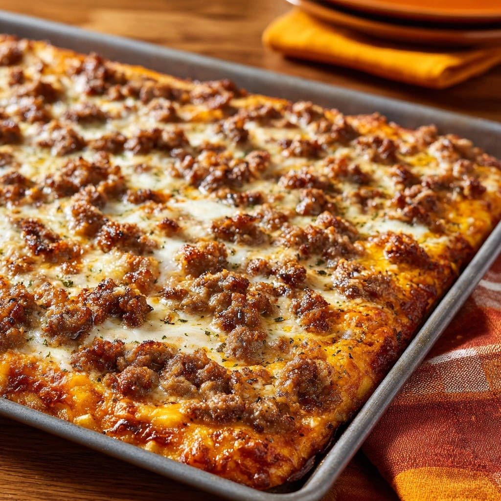 Easy Sheet Pan Sausage Pizza featuring a close-up view of the browned sausage topping and melted cheese.