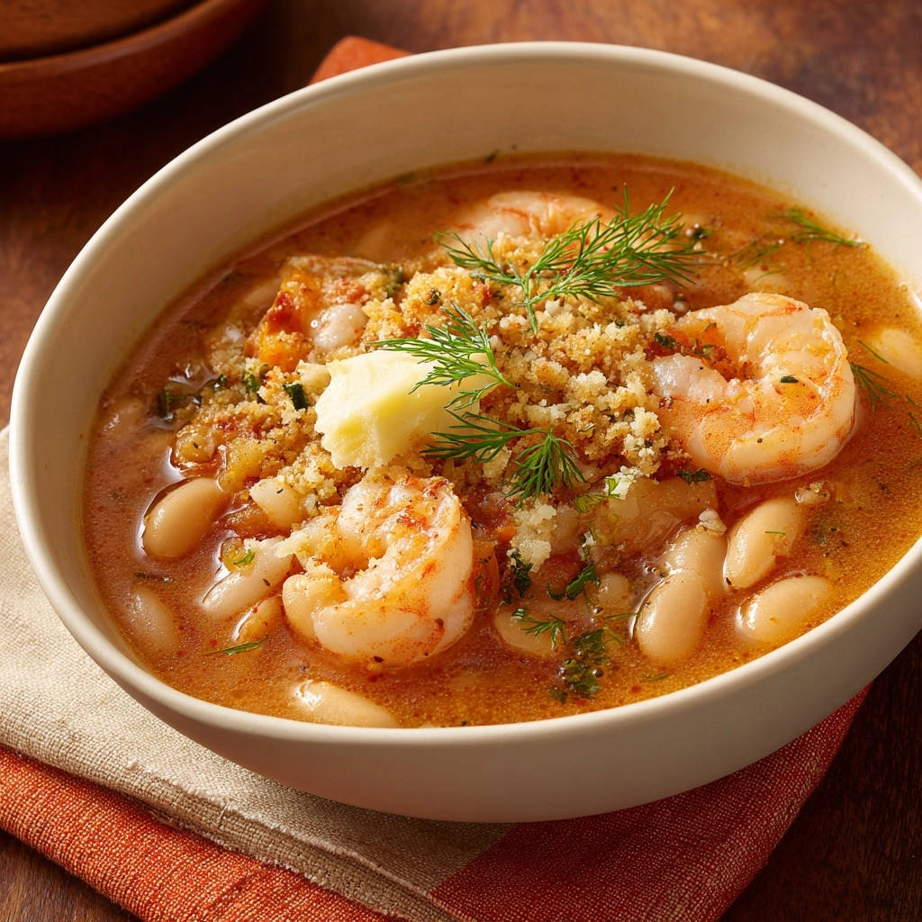 Shrimp and white bean stew shown with a pat of butter and fresh dill garnish in a bowl.