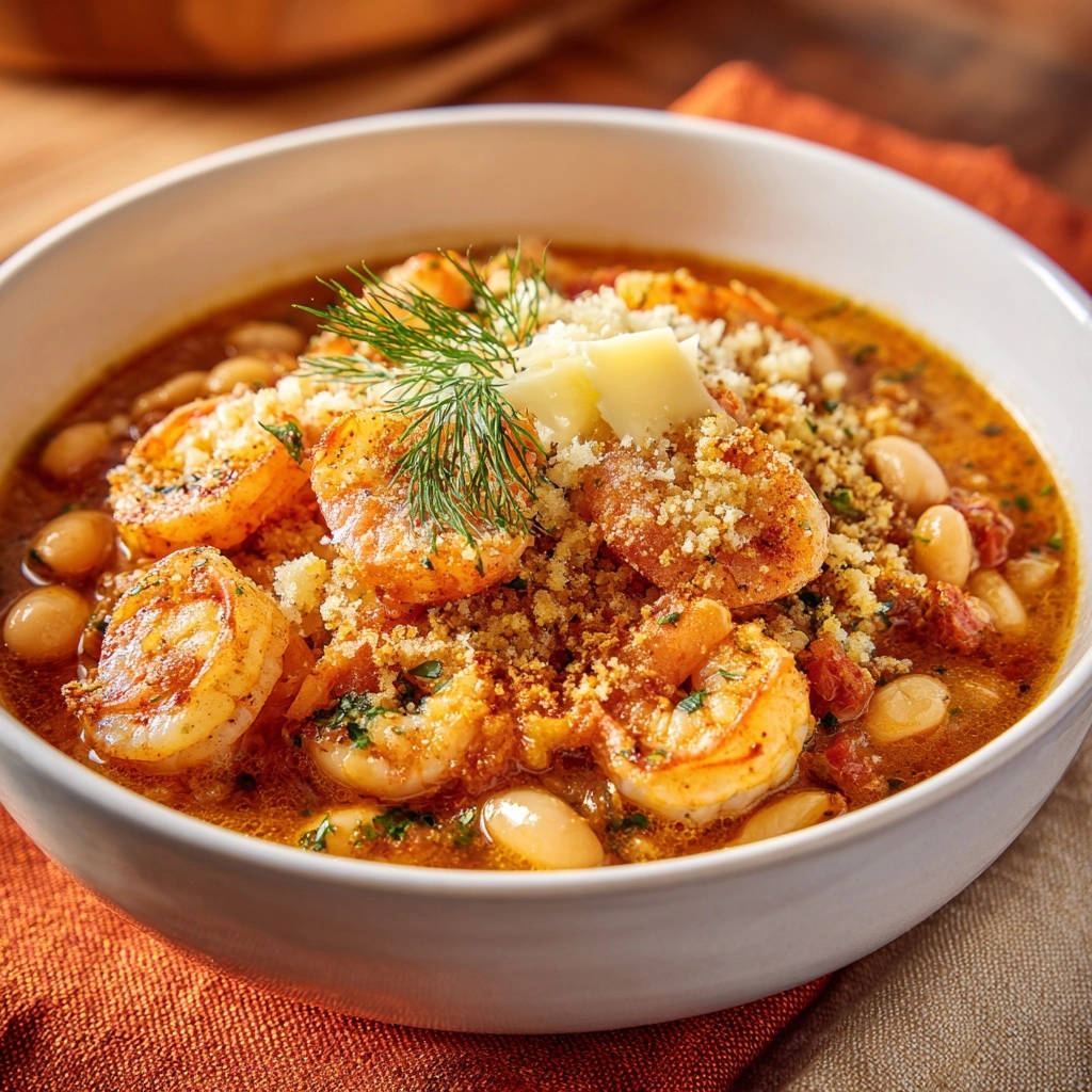 Shrimp and white bean stew with a dill and breadcrumb garnish in a white bowl.