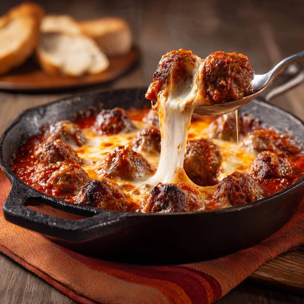 Skillet baked meatballs with mozzarella show a gooey cheese pull as they are lifted from the cast iron pan.