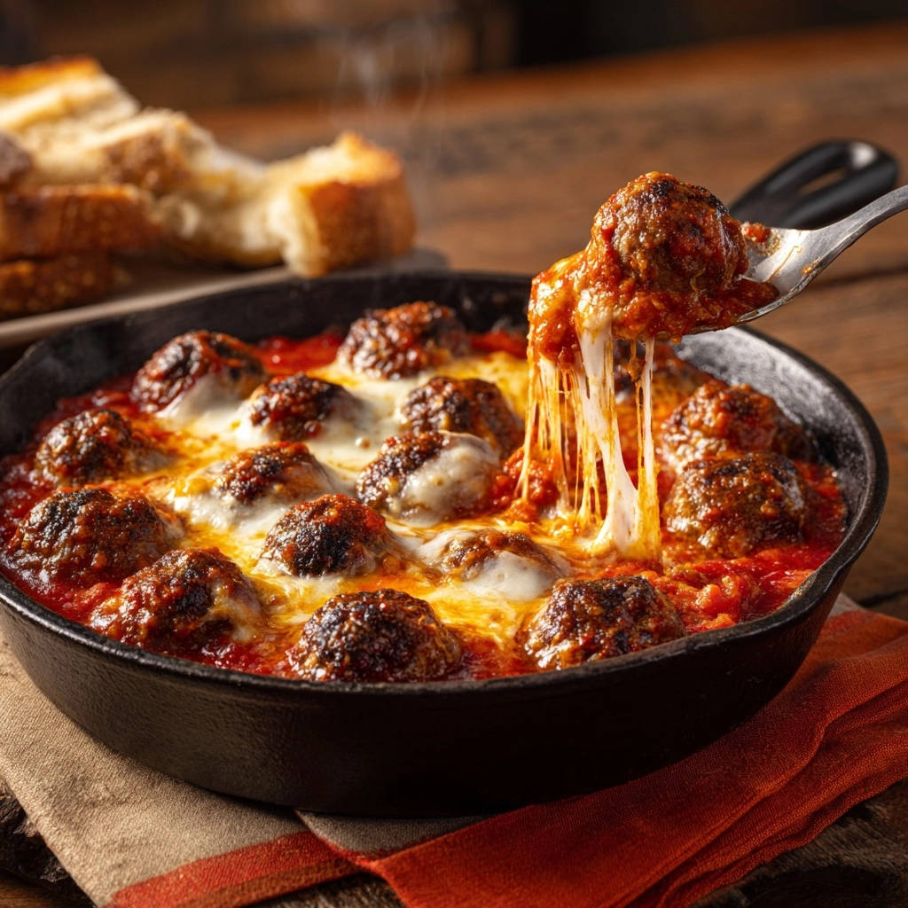 Skillet baked meatballs with mozzarella featuring a dramatic cheese pull, served in a cast iron pan.