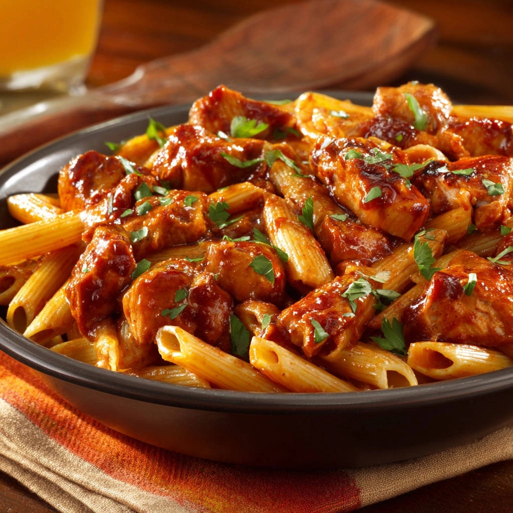 Skillet chicken penne with rich tomato sauce, presented in a dark bowl with a close-up view showcasing the coated chicken and pasta.