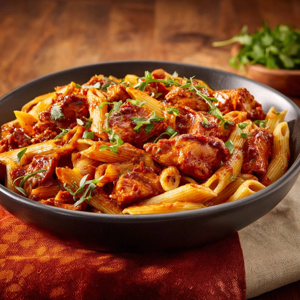 Skillet chicken penne with rich tomato sauce served in a dark bowl, garnished with fresh herbs.