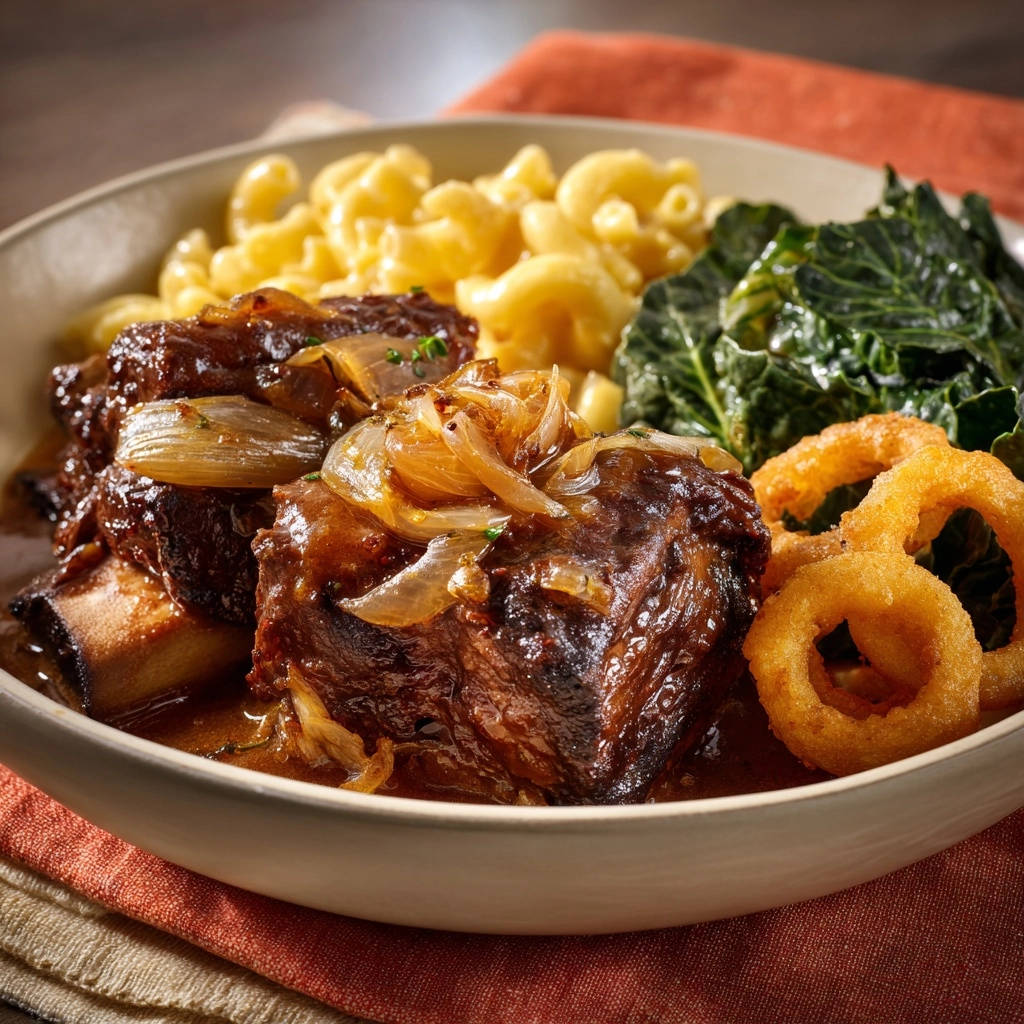 Slow-cooked beef short ribs plated with macaroni and cheese, collard greens, and onion rings.