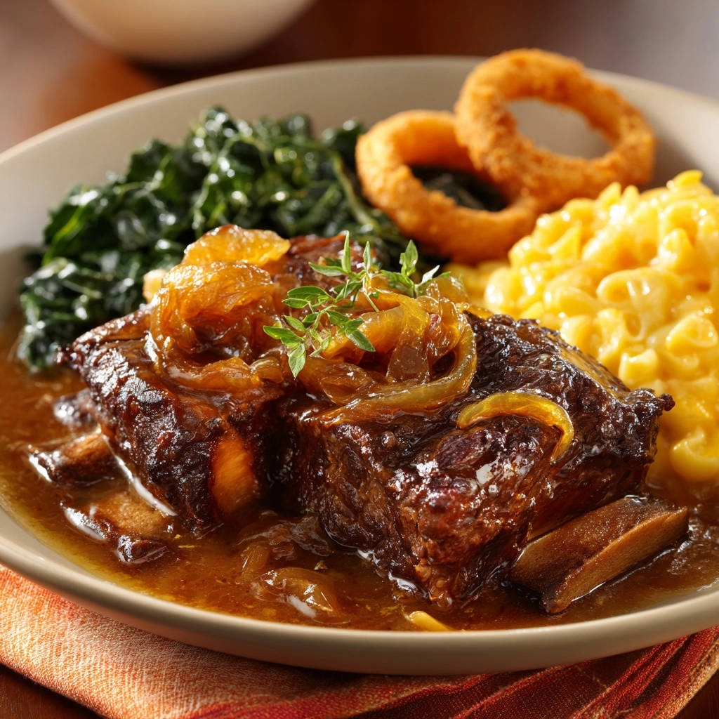 Slow-cooked beef short ribs plated with mac and cheese, greens, and onion rings, garnished with thyme.