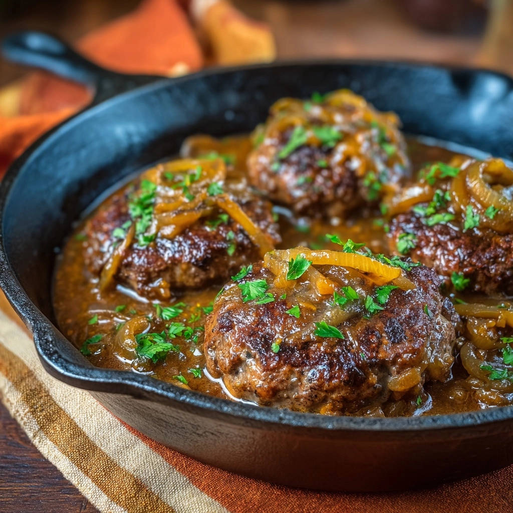 Classic Smothered Beef Patties served in a cast iron skillet, presented as a close-up view with rich gravy and parsley garnish.