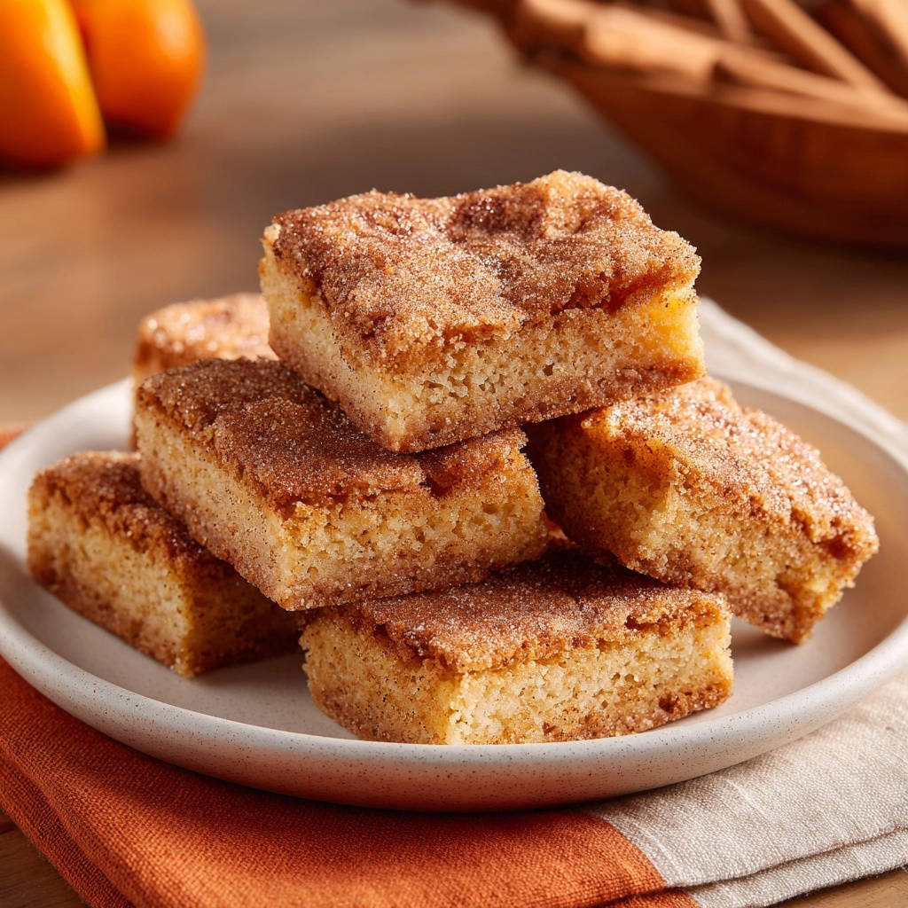 Snickerdoodle bars stacked on a plate, showcasing their cinnamon sugar topping and moist interior texture.