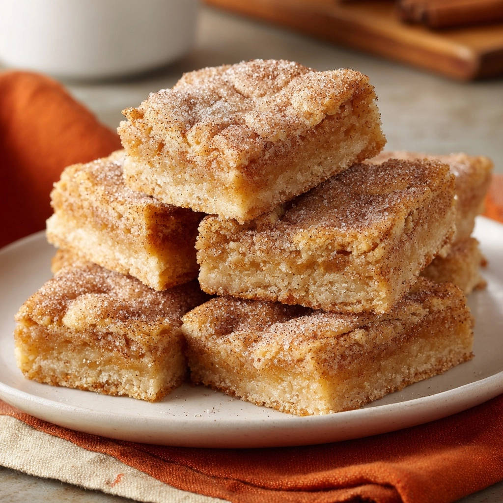 Snickerdoodle bars stacked on a white plate, showcasing their cinnamon-sugar topping and soft interior.