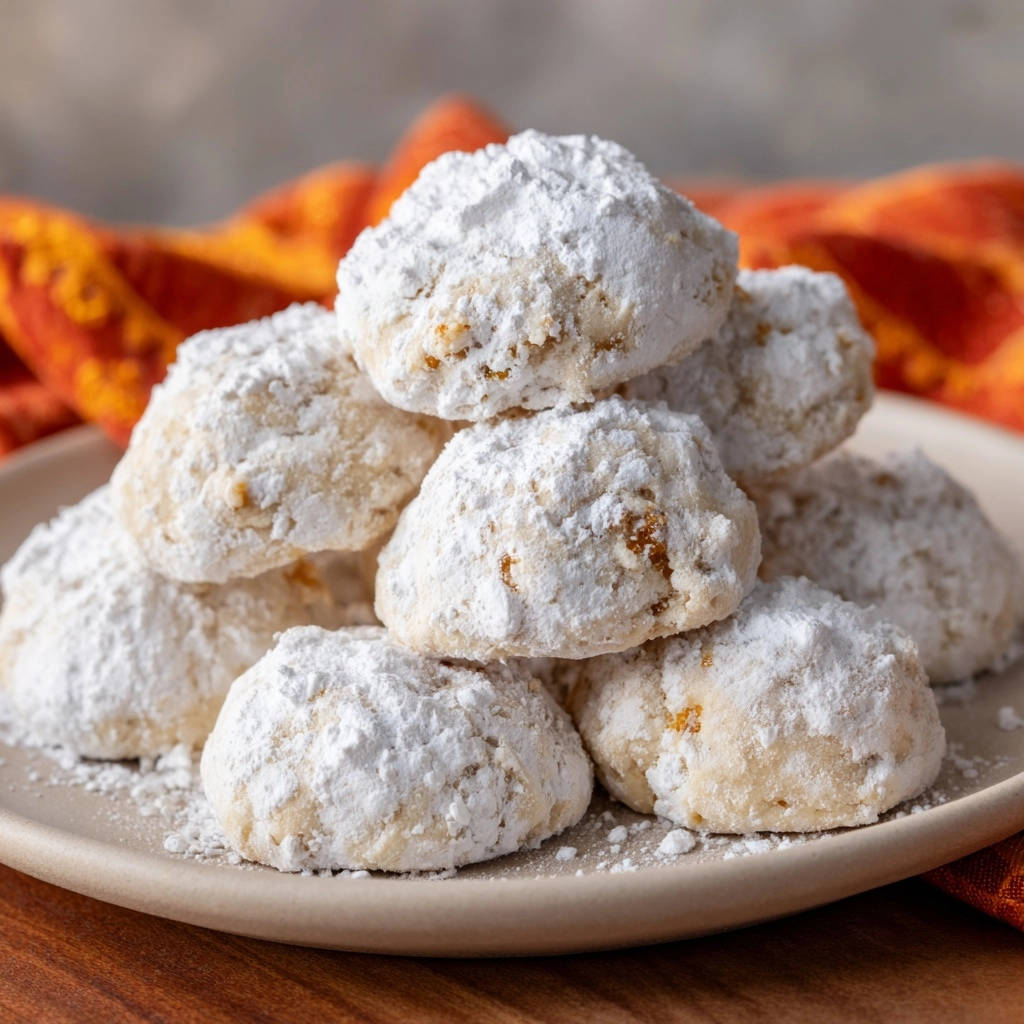 Classic snowball cookies piled high and generously dusted with powdered sugar on a plate.