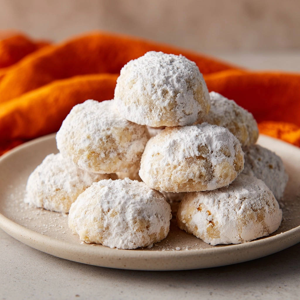 Classic snowball cookies perfectly tender and melt-in-your-mouth, stacked on a light-colored plate with an orange cloth background.