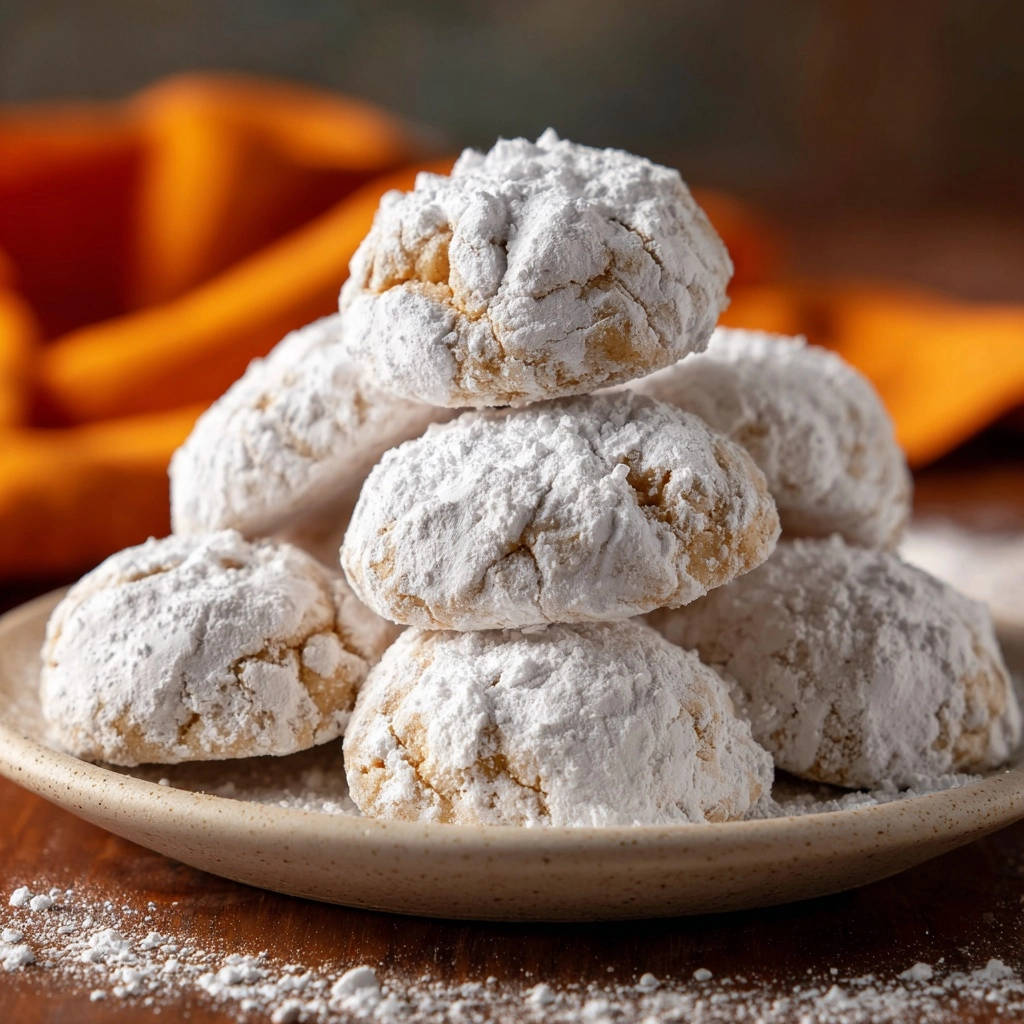 Snowball cookies are stacked high on a rustic plate, generously dusted with powdered sugar.