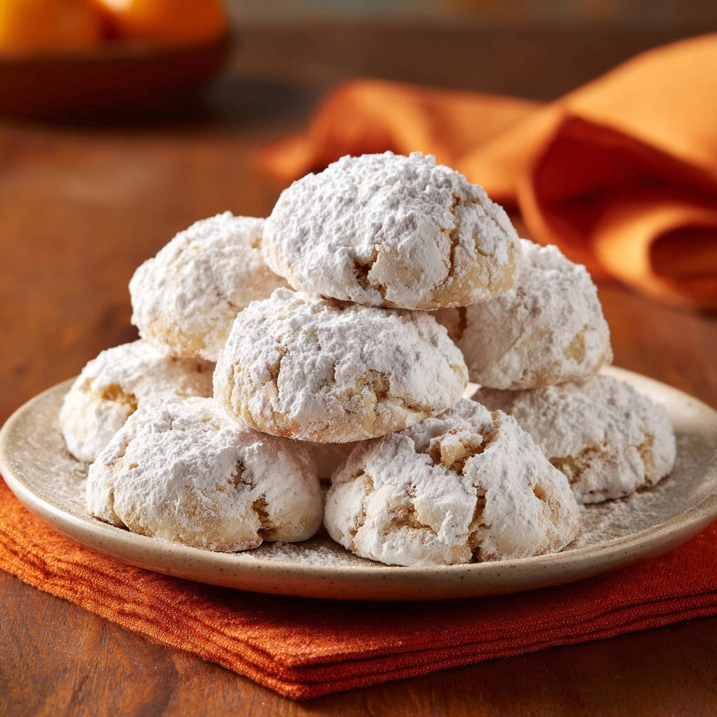 Snowball cookies stacked high on a plate, generously dusted with powdered sugar, showcasing their soft texture.
