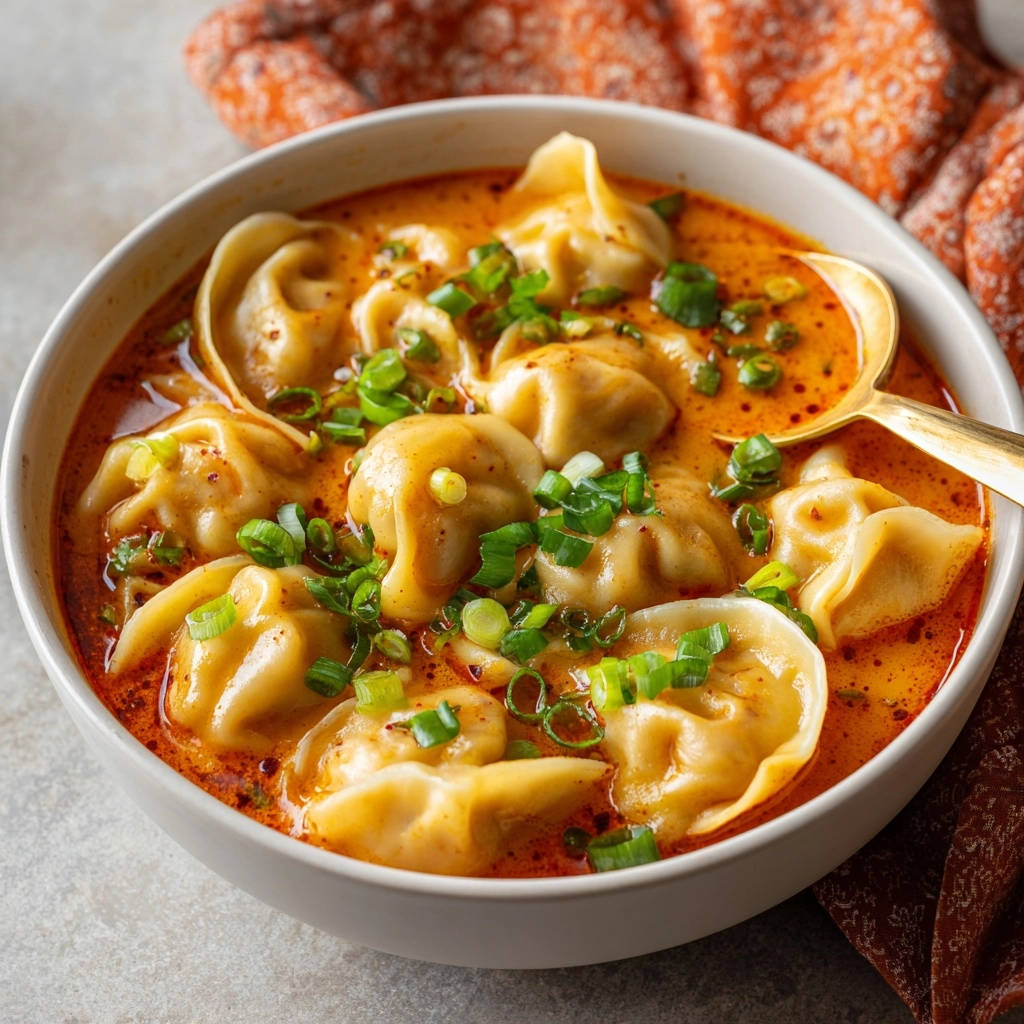 Speedy spicy wonton soup served in a bowl, showcasing tender wontons in a rich broth with chopped green onions.