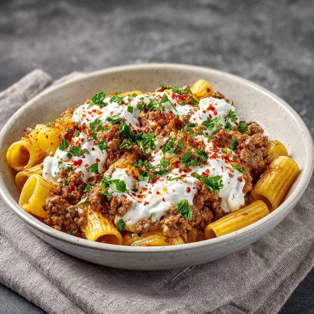 Spiced beef and pasta with garlic yogurt, a close-up view highlighting the creamy topping and red pepper flakes.