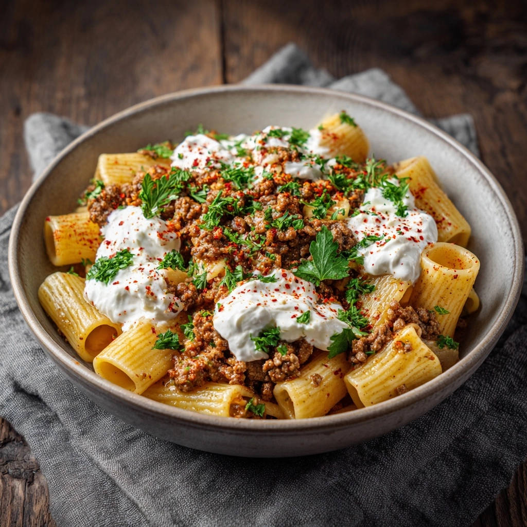 Spiced beef and pasta with garlic yogurt, featuring a close-up view of the textured topping with fresh parsley and red pepper flakes.