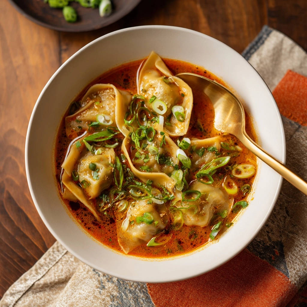 Speedy Spicy Wonton Soup served in a rustic bowl, garnished with fresh scallions and a golden spoon.