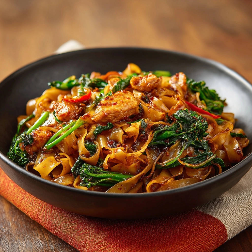 Stir-fried chicken noodles served in a black bowl, showcasing tender noodles and vibrant greens in a close-up view.