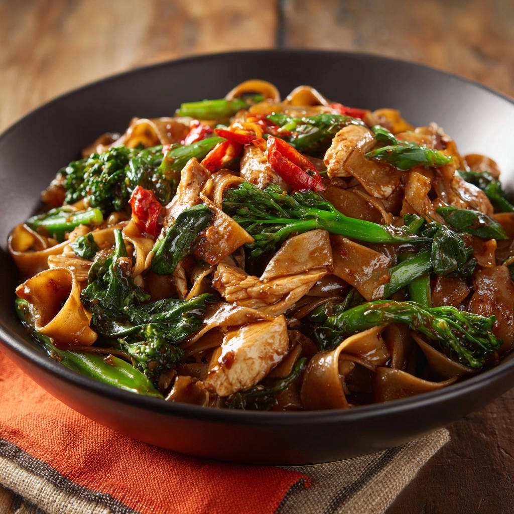 Stir-fried chicken noodles with broccoli and chilies served in a dark bowl, showcasing separated noodle bites.