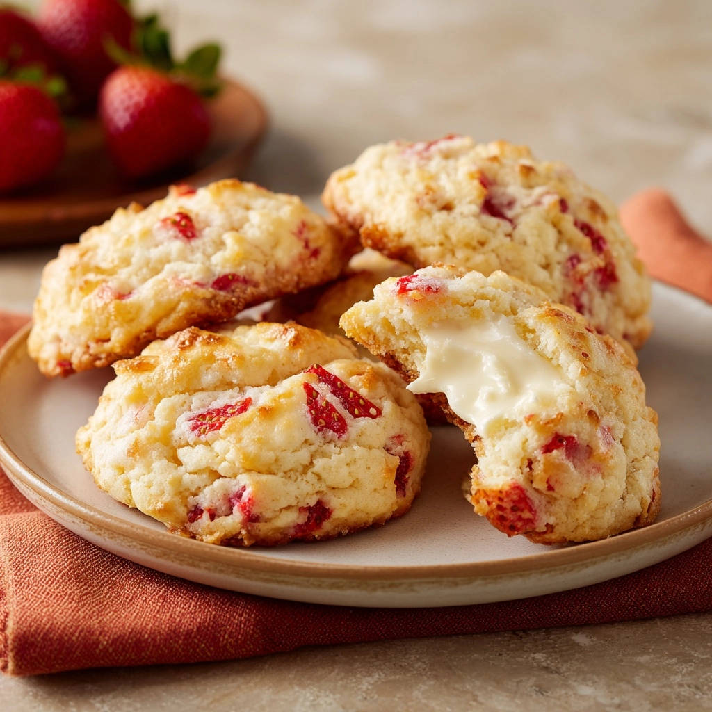 Strawberry cream cheese stuffed drops showing a creamy white interior filling with chunks of fresh strawberries baked into the dough.