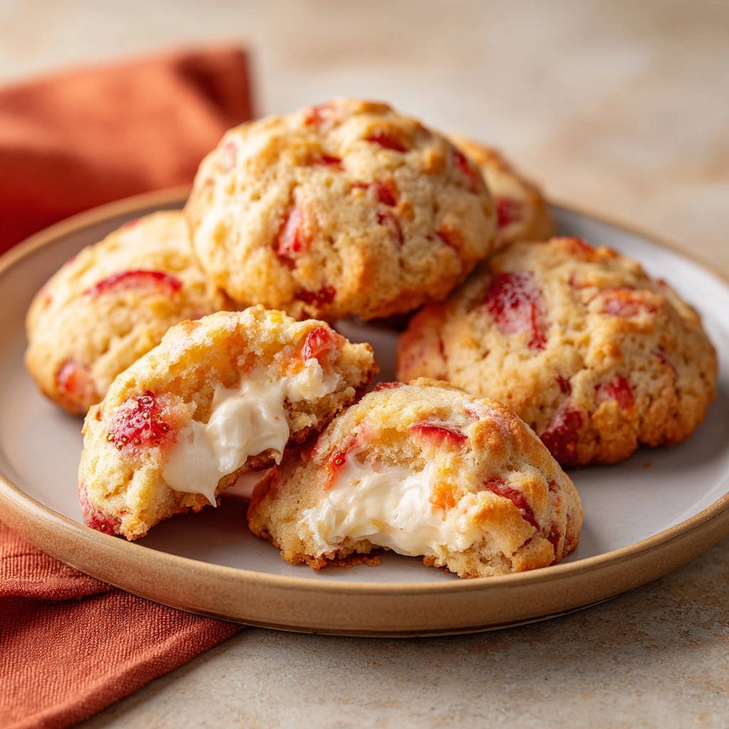 Strawberry cream cheese stuffed drops showing a creamy white interior cross-section.