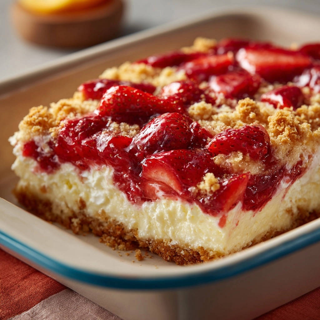 Strawberry Crumble Delight showing a close-up cross-section with layers of cheesecake, strawberries, and crumble topping.