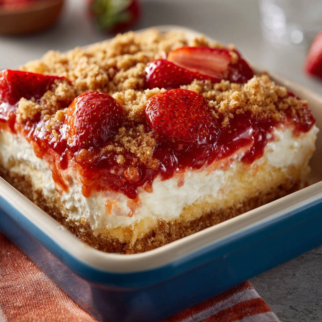 Strawberry Crumble Delight shown in a close-up cross-section revealing layers of creamy filling and fruit topping.