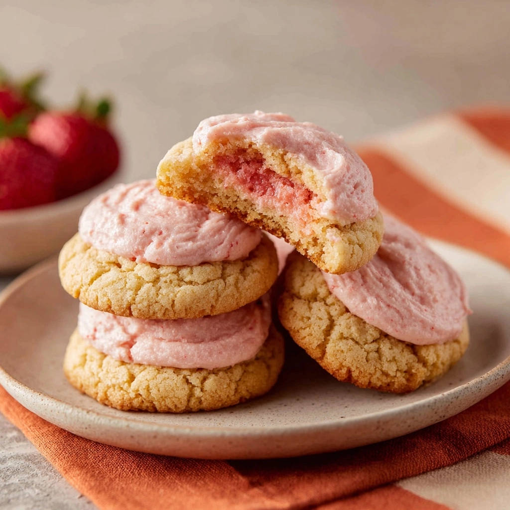Chewy strawberry frosted cookies cross-section close-up revealing soft pink strawberry filling and fluffy frosting.