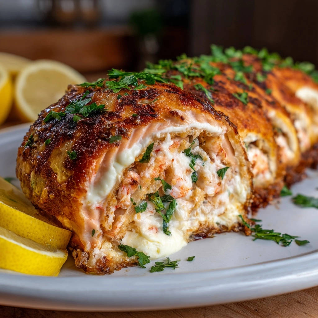 Stuffed salmon roulade cross-section showing moist filling and golden-brown crust, garnished with parsley.