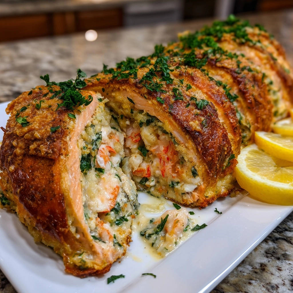 Stuffed salmon roulade, cut to reveal a moist interior filled with shrimp and spinach.