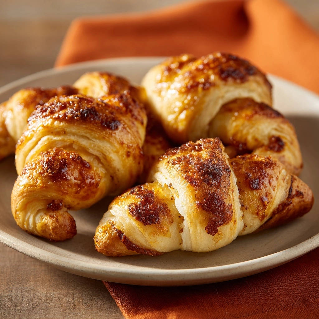 Easy Sugared Mini Croissants plated on a light beige dish, showcasing their golden-brown flaky layers and sugary crust.