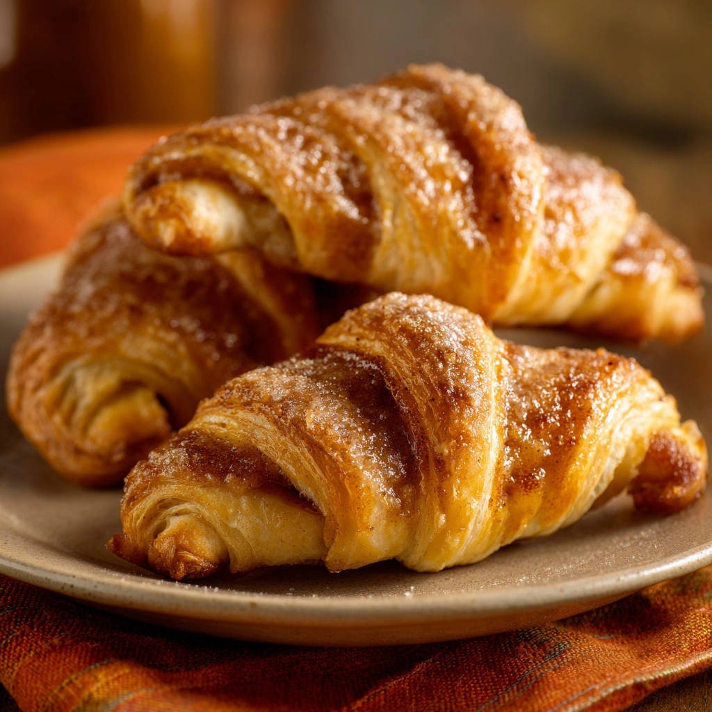 Easy sugared mini croissants stacked on a plate with an orange napkin, showcasing their flaky layers.