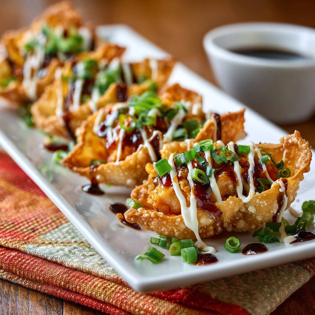 Sweet and spicy chicken wonton bites are plated and garnished with drizzles of sauce and creamy dressing.