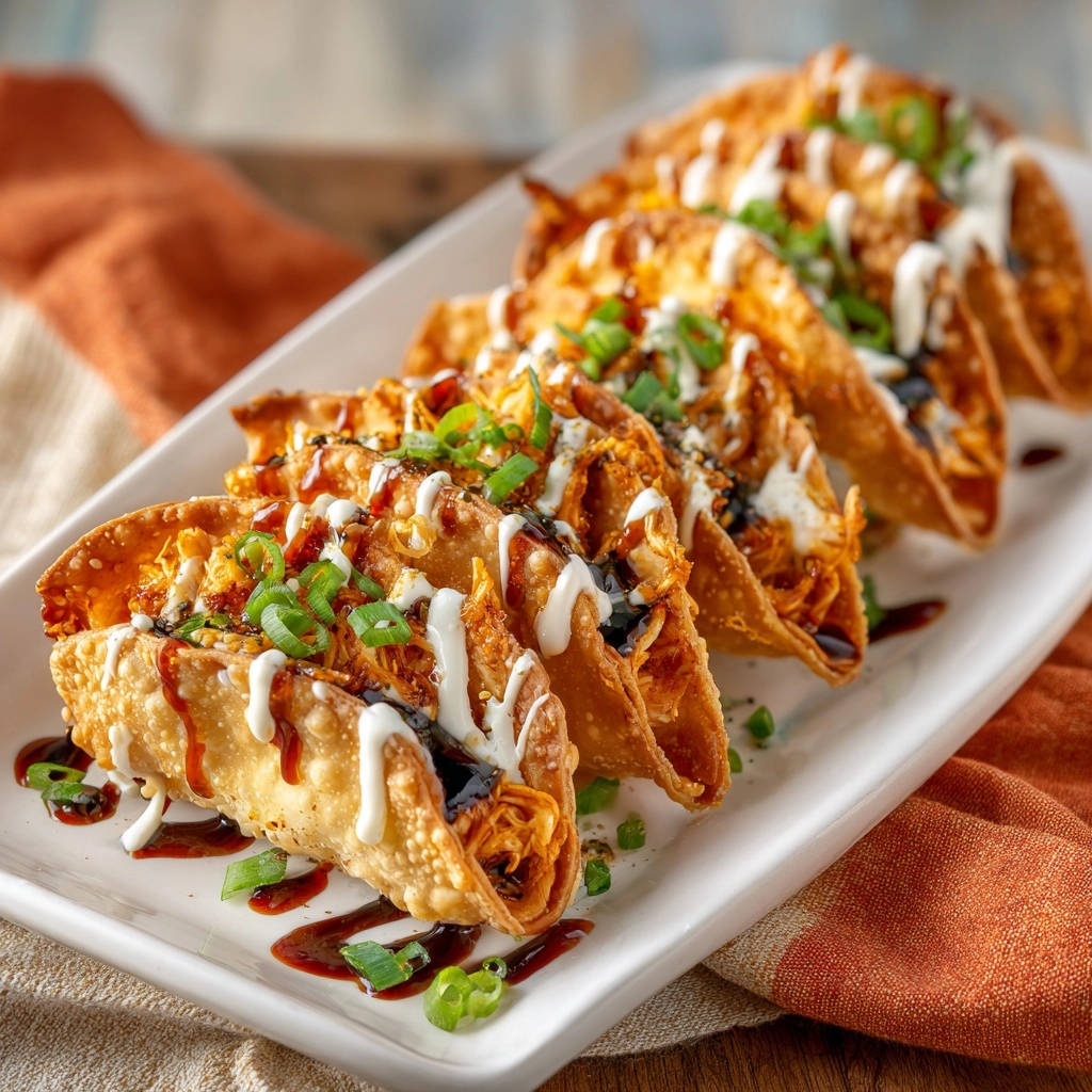 Sweet and spicy chicken wonton bites presented on a white plate, showcasing a side view with a drizzle of sauce.