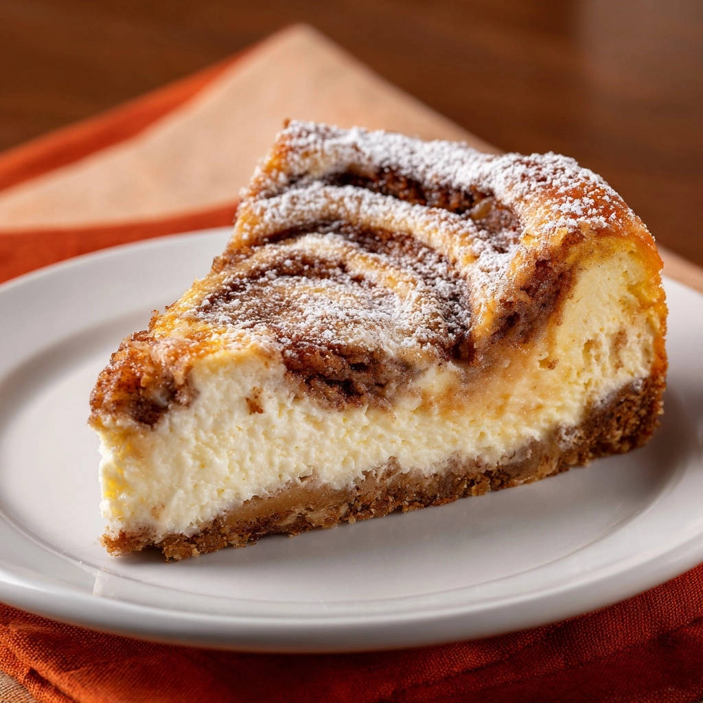 Swirled cinnamon cheesecake served as a plated slice, showcasing its creamy interior and crumb topping.