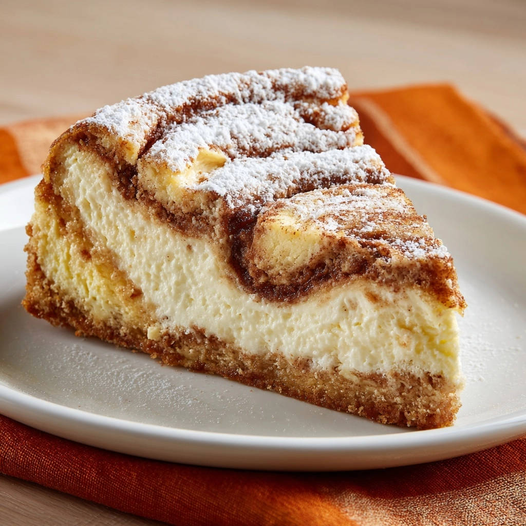 Swirled cinnamon cheesecake slice showing its creamy interior and graham cracker crust on a white plate.