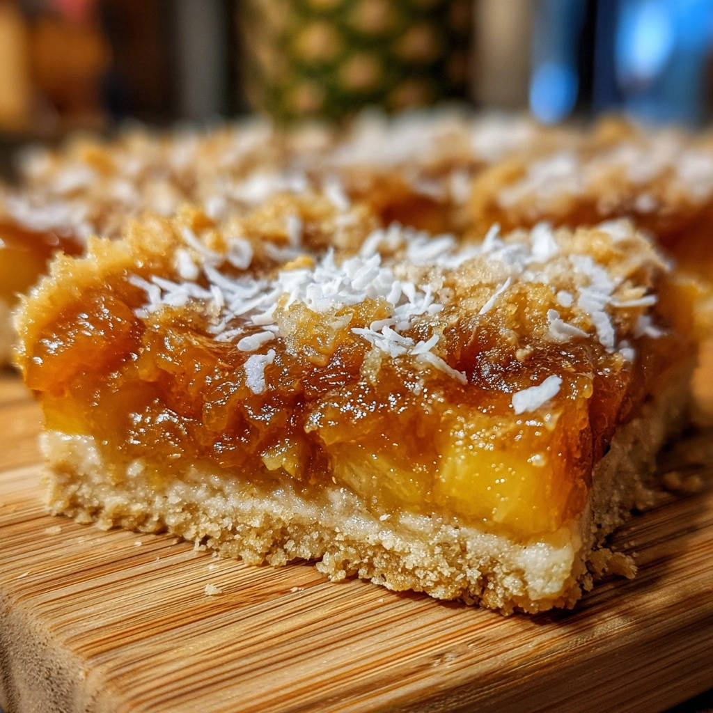 Tropical pineapple coconut bars showing a close-up cross-section with a shortbread crust and fruit topping.