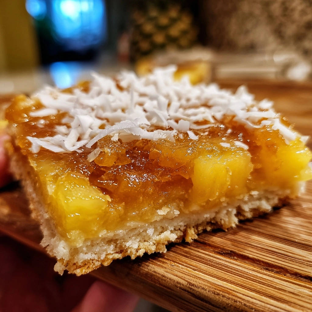 Tropical Pineapple Coconut Bars shown in a close-up cross-section revealing the layers of fruit and crust.