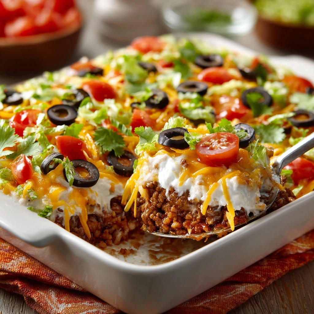 Ultimate Layered Taco Dip shown in a close-up cross-section, revealing its distinct layers.