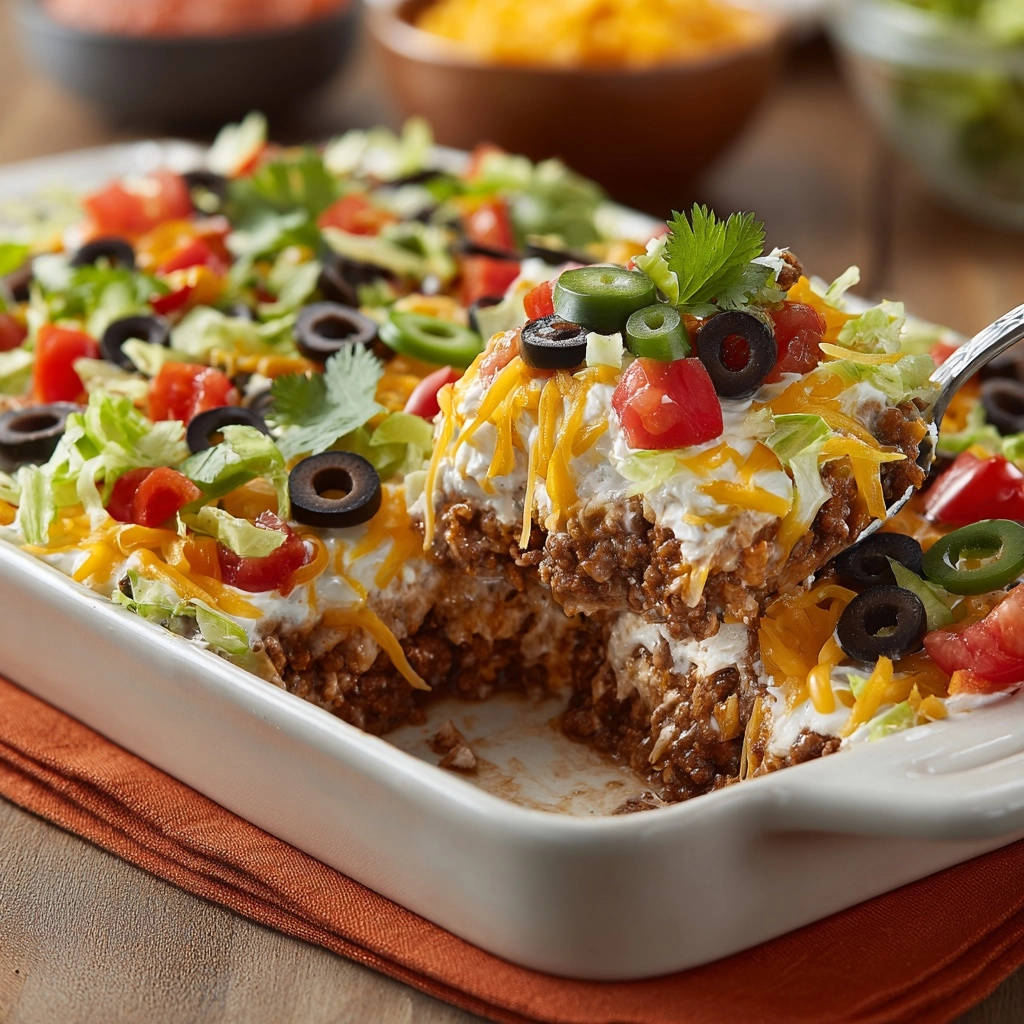 Ultimate Layered Taco Dip shown in a cross-section, revealing its rich layers of beef, cream cheese, and toppings.