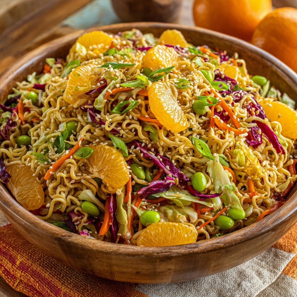 Vibrant ramen noodle salad with mandarin oranges and edamame in a wooden bowl, close-up view.