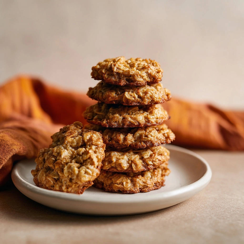 Wholesome pumpkin oat bites stacked on a white plate, with a rustic orange cloth in the background.