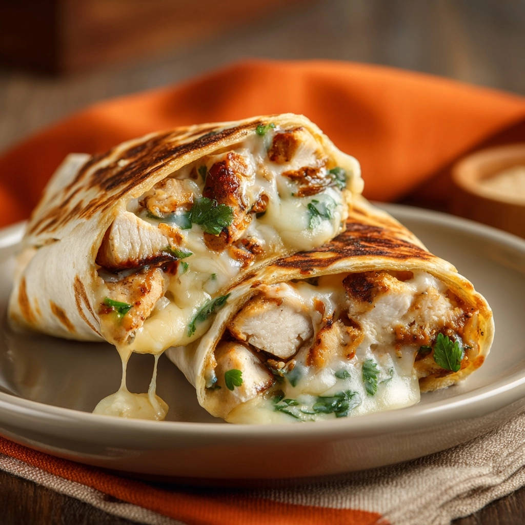 Zesty grilled chicken wraps shown in a close-up cross-section with gooey melted cheese oozing out.